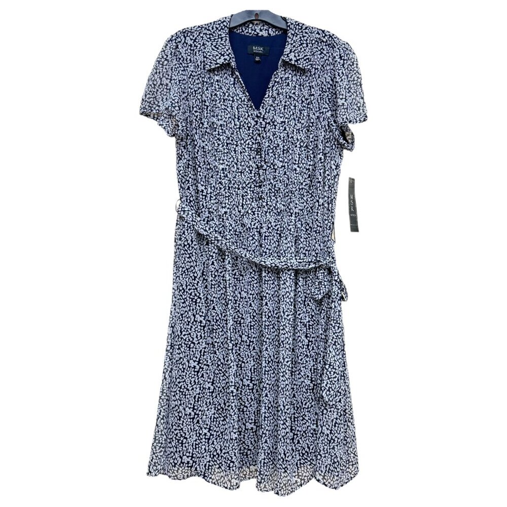 Size 18W - MSK Women - Navy Polka Dot Button Midi Dress Tie Front Lining NEW